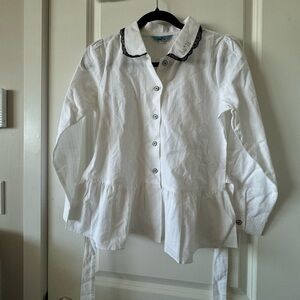White Button-Up Blouse with Black Trim and Peter Pan collar